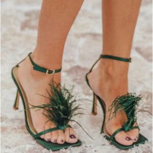 Inspired by Bottega Veneta, fluffy feather accent green stiletto heel